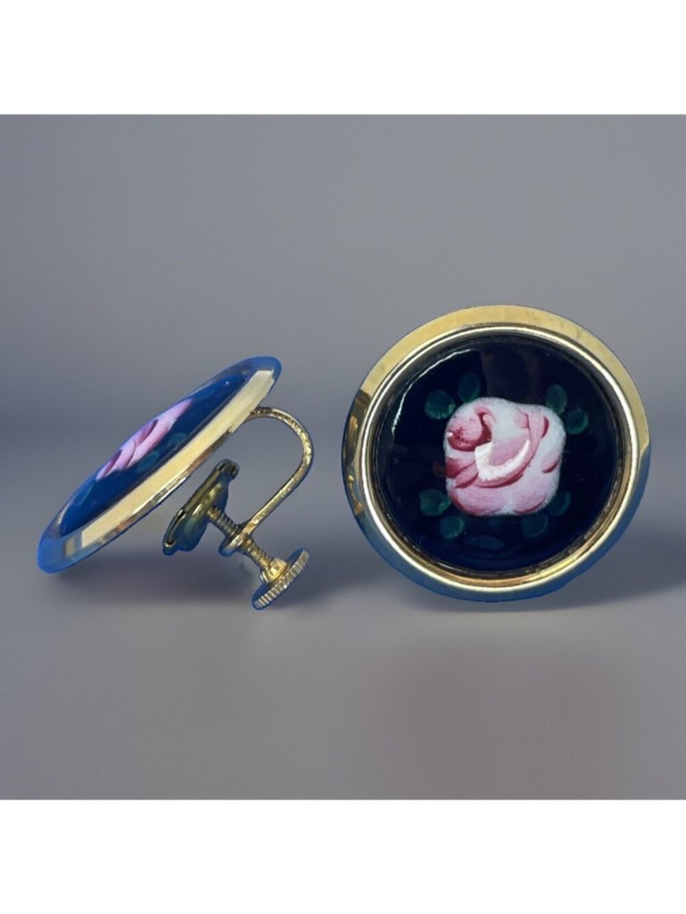 Vtg Screw Back Earrings Flower Enamel Guilloche Gold-Tone Black Pink Floral